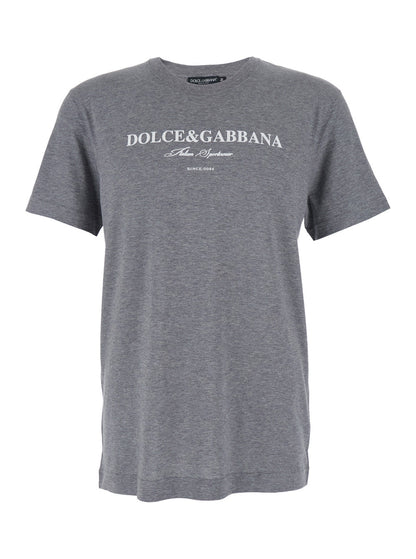 Dolce &amp; Gabbana Men Grey Crewneck T-Shirt With Logo Lettering Print On The Front In Cotton Man by Luosophy