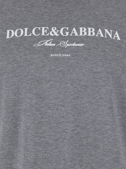 Dolce &amp; Gabbana Men Grey Crewneck T-Shirt With Logo Lettering Print On The Front In Cotton Man by Luosophy