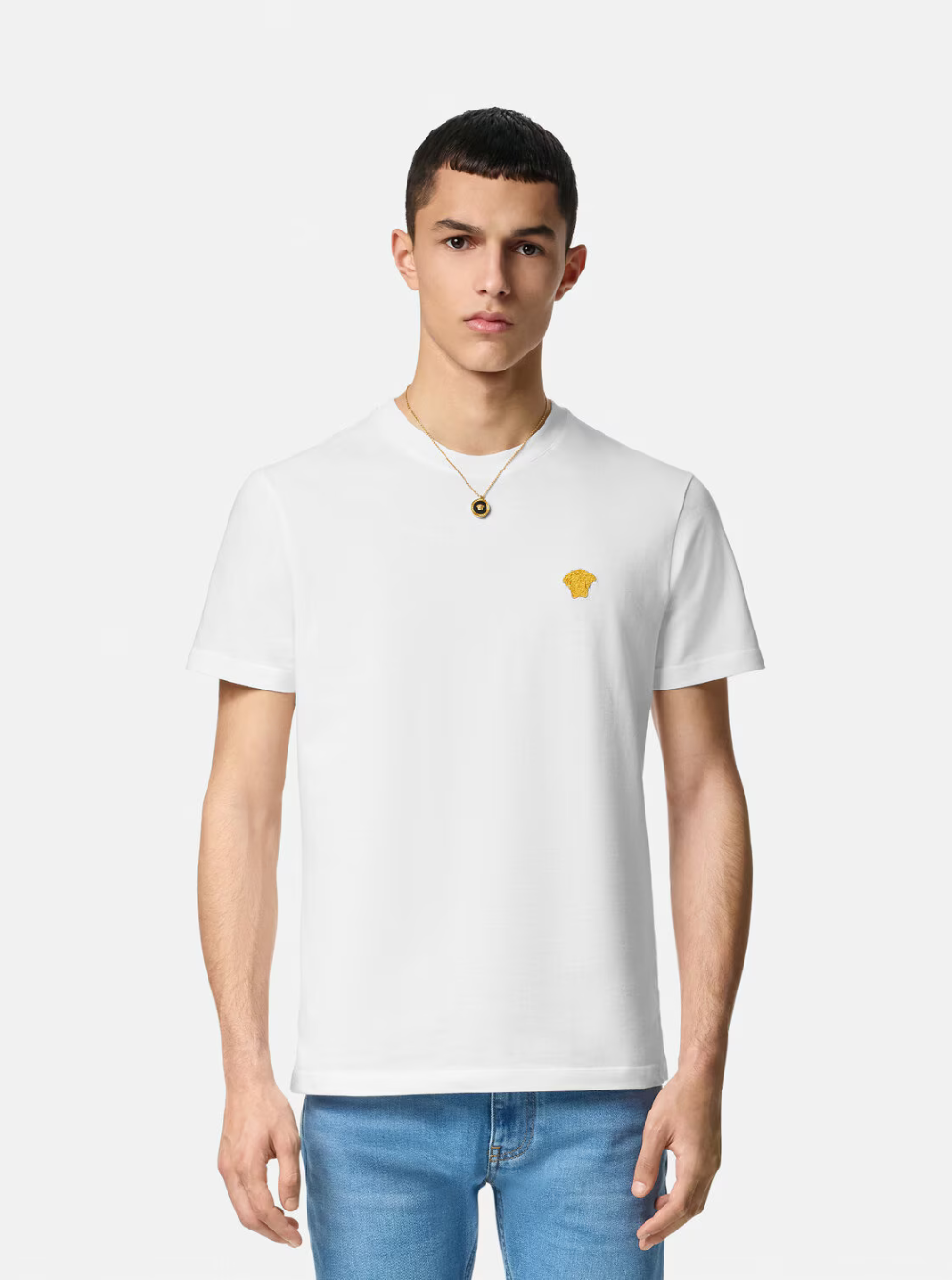 Versace Men White Crewneck T-Shirt With Medusa Embroidery On The Front In Cotton Man by Luosophy