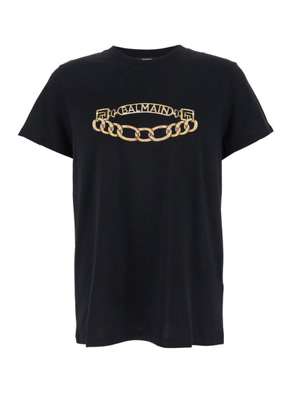 Balmain Men Black Crewneck T-Shirt With Logo Print On The Front In Cotton Man by Luosophy