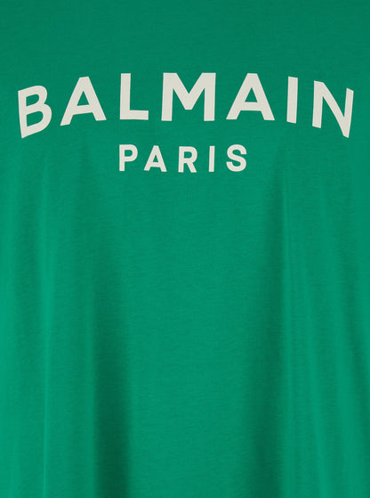 Balmain Men Green Crewneck T-Shirt With Logo Lettering Print On The Front In Cotton Man by Luosophy