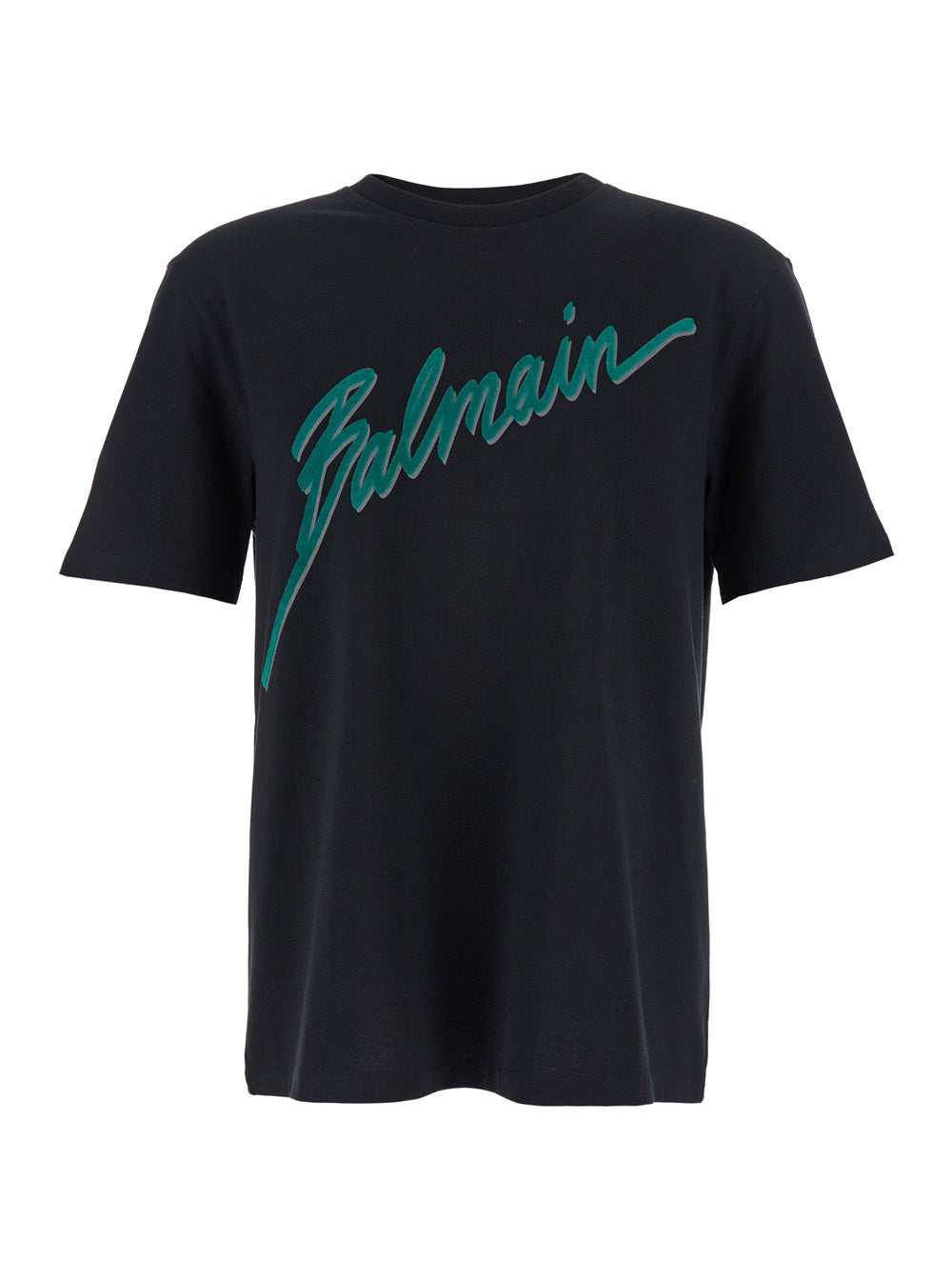 Balmain Men Black Crewneck T-Shirt With Logo Lettering Print On The Front In Cotton Man by Luosophy
