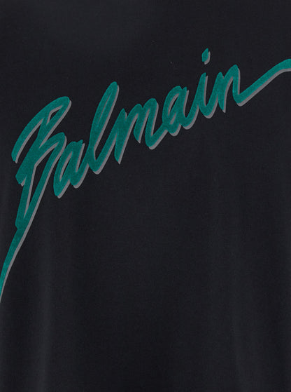 Balmain Men Black Crewneck T-Shirt With Logo Lettering Print On The Front In Cotton Man by Luosophy