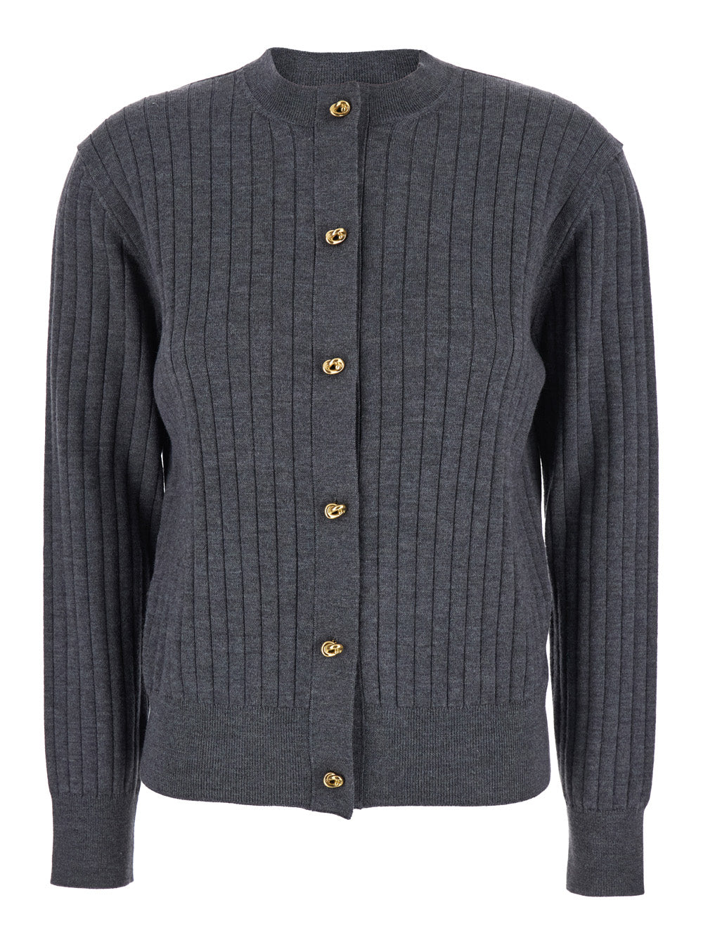 Bottega Veneta Women Grey Crewneck Cardigan With Knot Buttons Closure And Ribbed Knit In Wool Woman by Luosophy