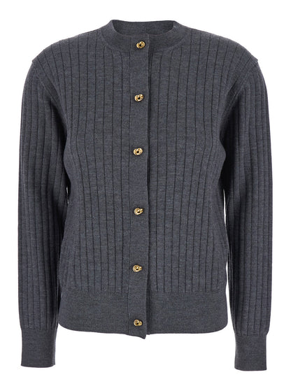 Bottega Veneta Women Grey Crewneck Cardigan With Knot Buttons Closure And Ribbed Knit In Wool Woman by Luosophy