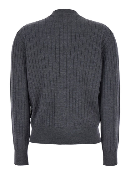 Bottega Veneta Women Grey Crewneck Cardigan With Knot Buttons Closure And Ribbed Knit In Wool Woman by Luosophy