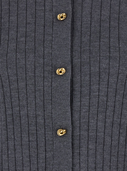 Bottega Veneta Women Grey Crewneck Cardigan With Knot Buttons Closure And Ribbed Knit In Wool Woman by Luosophy