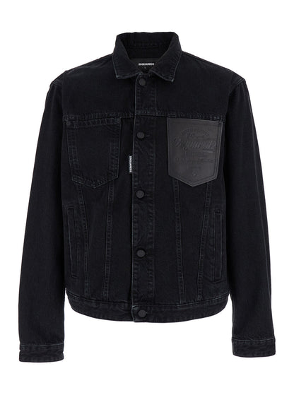 Dsquared2 Men Black Jacket With Classic Collar And Embossed Logo On The Front In Denim Man by Luosophy