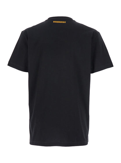 Dsquared2 Men Black Crewneck T-Shirt With Print On The Front And Logo Lettering On The Rear In Cotton Man by Luosophy