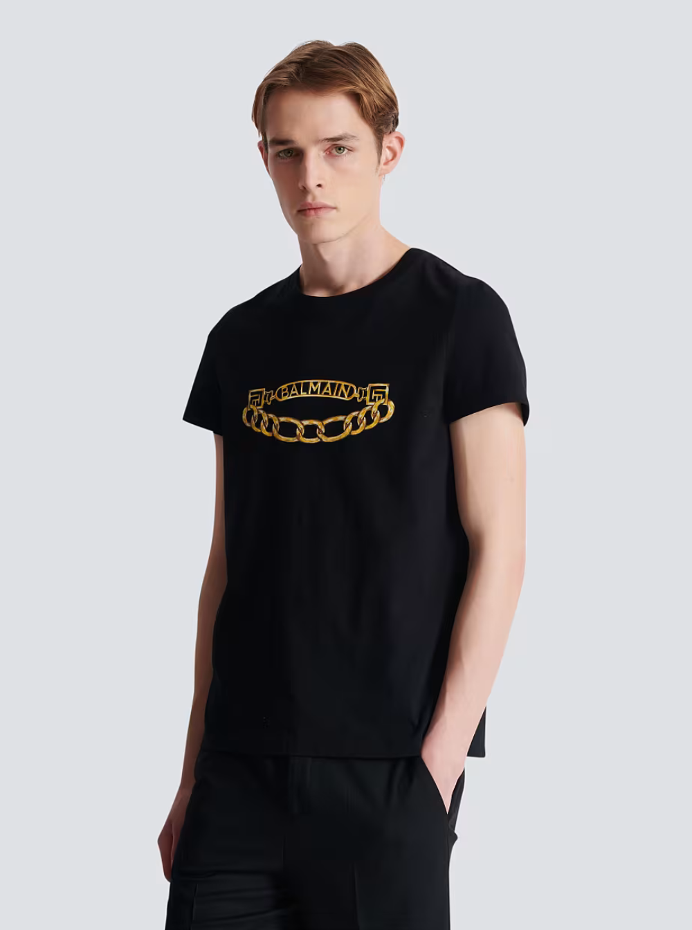 Balmain Men Black Crewneck T-Shirt With Logo Print On The Front In Cotton Man by Luosophy