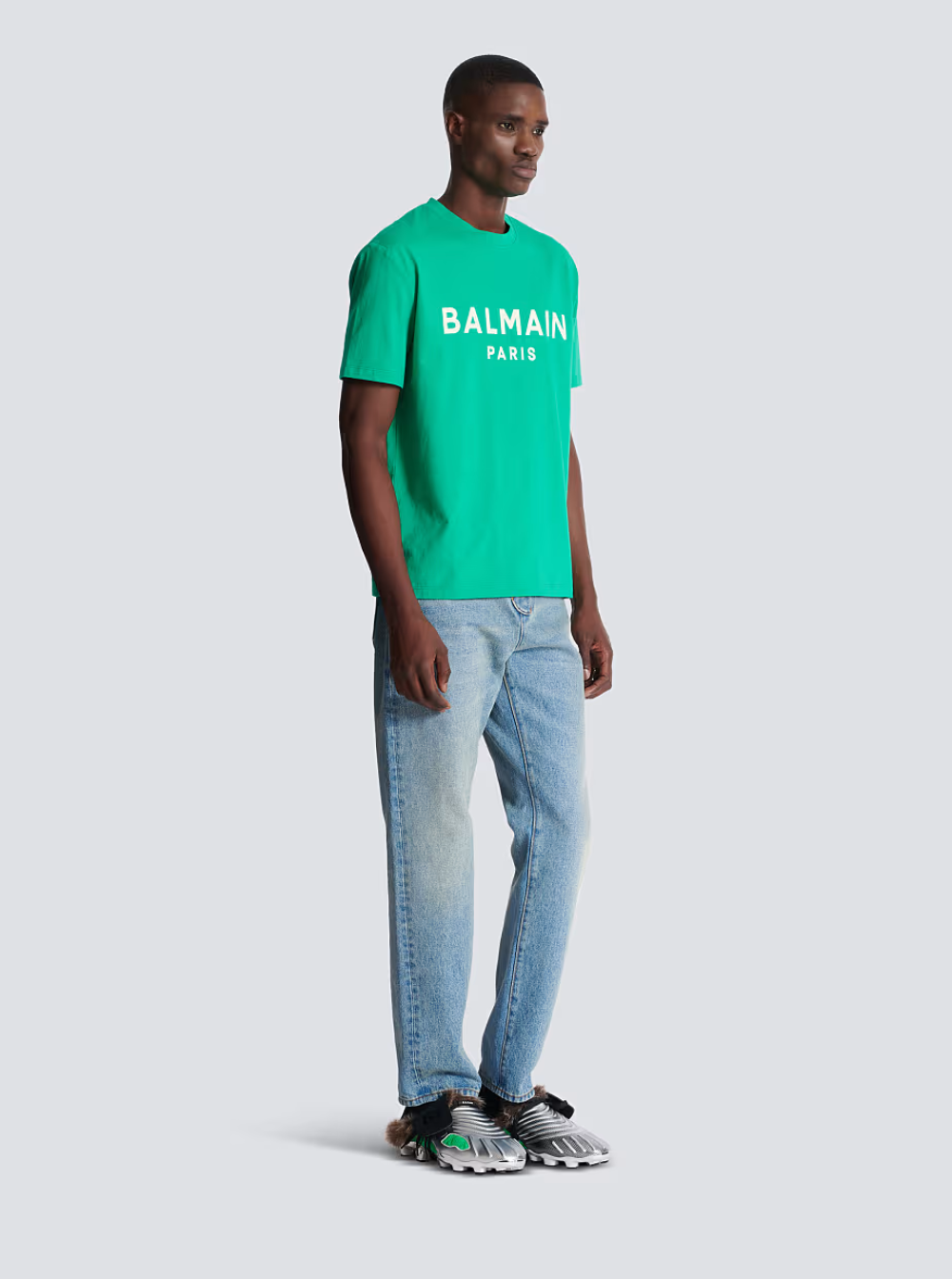Balmain Men Green Crewneck T-Shirt With Logo Lettering Print On The Front In Cotton Man by Luosophy