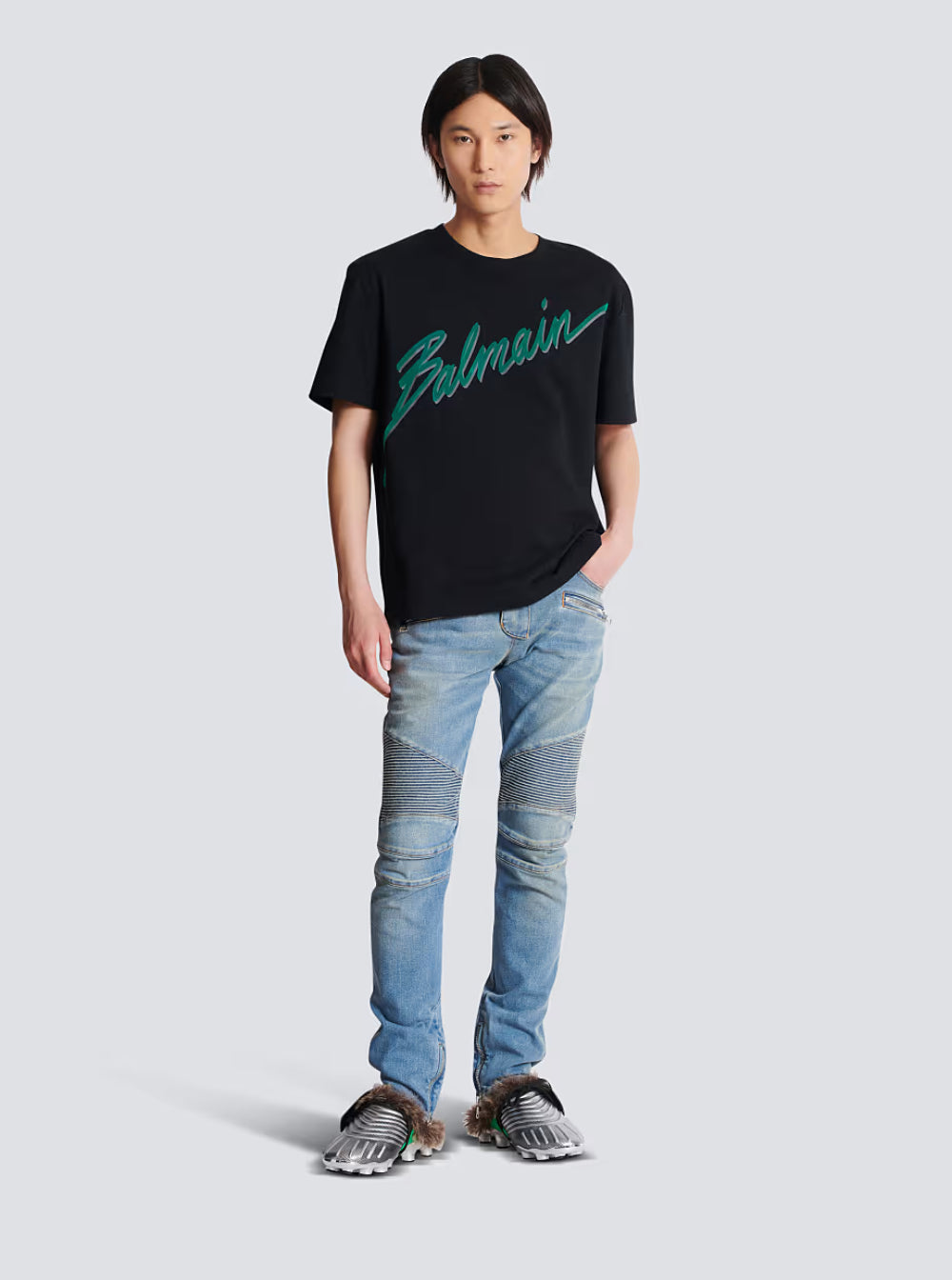 Balmain Men Black Crewneck T-Shirt With Logo Lettering Print On The Front In Cotton Man by Luosophy