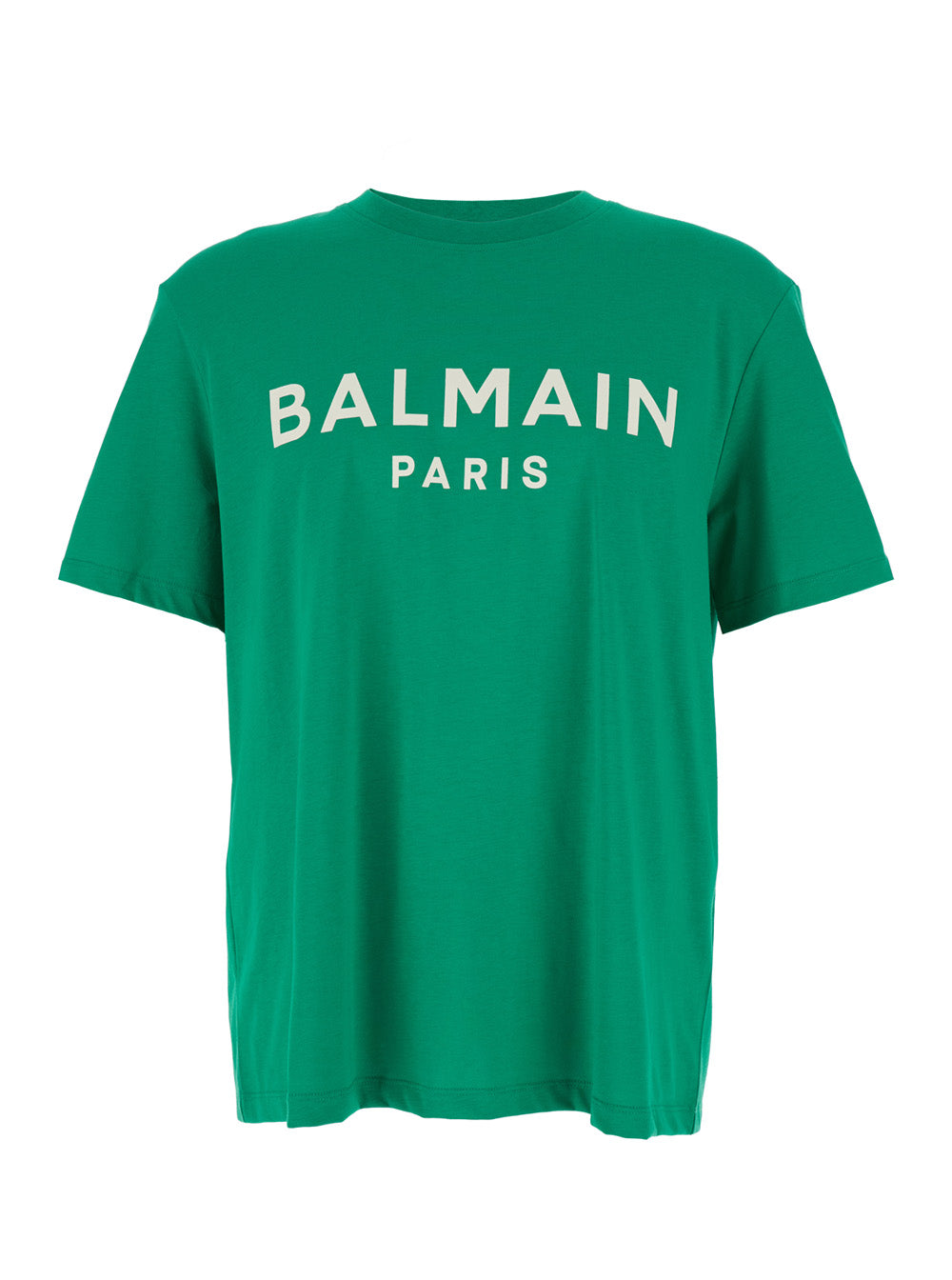 Balmain Men Green Crewneck T-Shirt With Logo Lettering Print On The Front In Cotton Man by Luosophy
