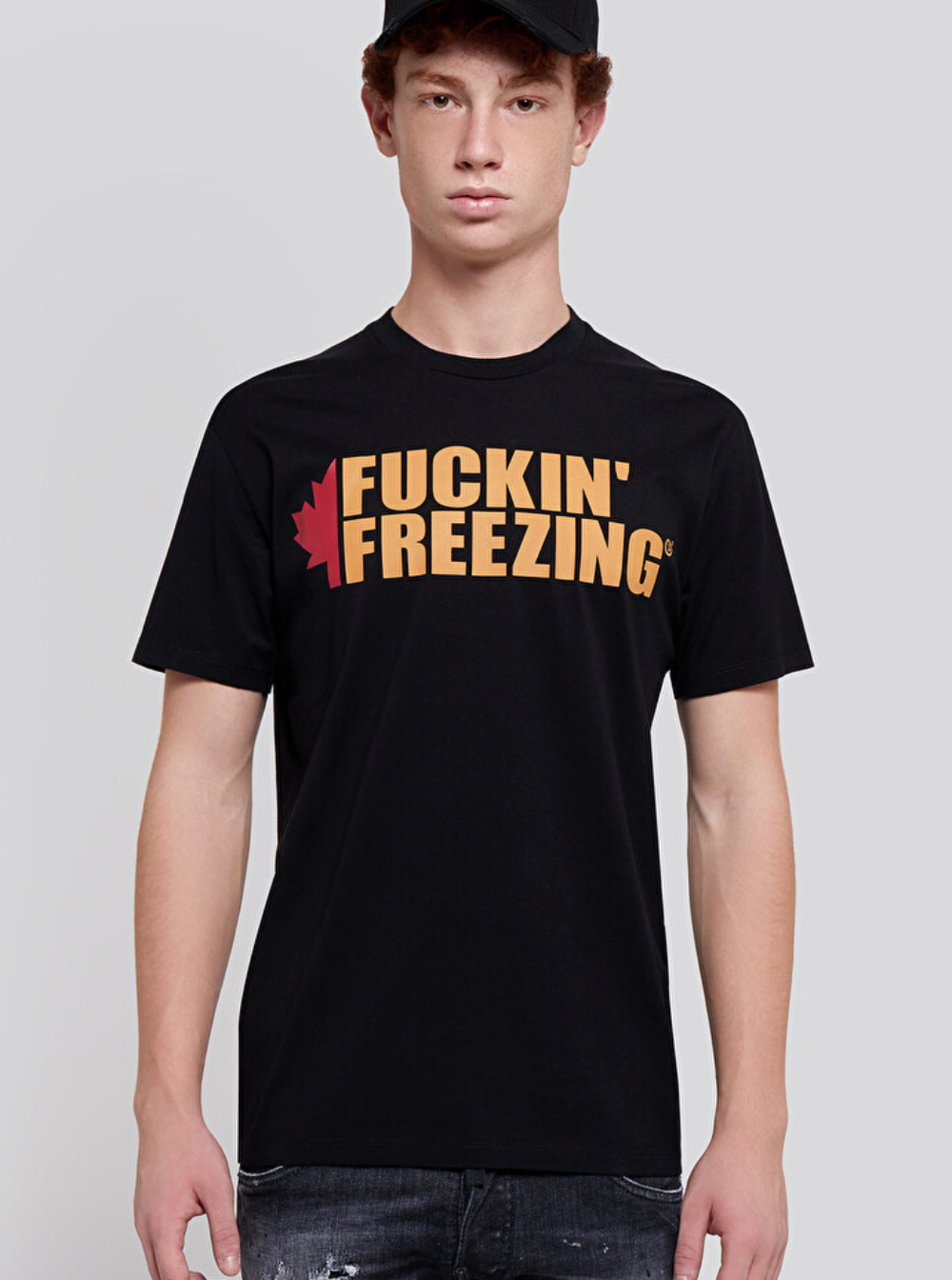 Dsquared2 Men Black Crewneck T-Shirt With Print On The Front And Logo Lettering On The Rear In Cotton Man by Luosophy