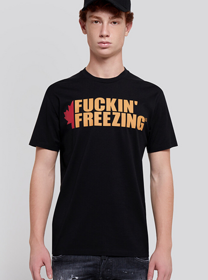 Dsquared2 Men Black Crewneck T-Shirt With Print On The Front And Logo Lettering On The Rear In Cotton Man by Luosophy