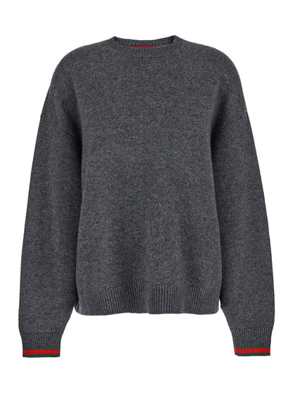 Gucci Women Grey Crewneck Sweater With Web Detail On The Cuffs In Wool And Cashmere Blend Woman by Luosophy