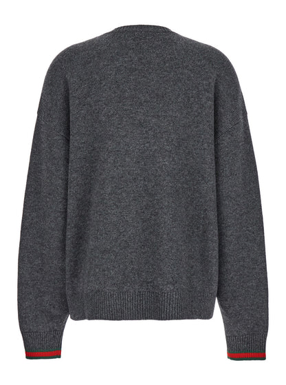 Gucci Women Grey Crewneck Sweater With Web Detail On The Cuffs In Wool And Cashmere Blend Woman by Luosophy