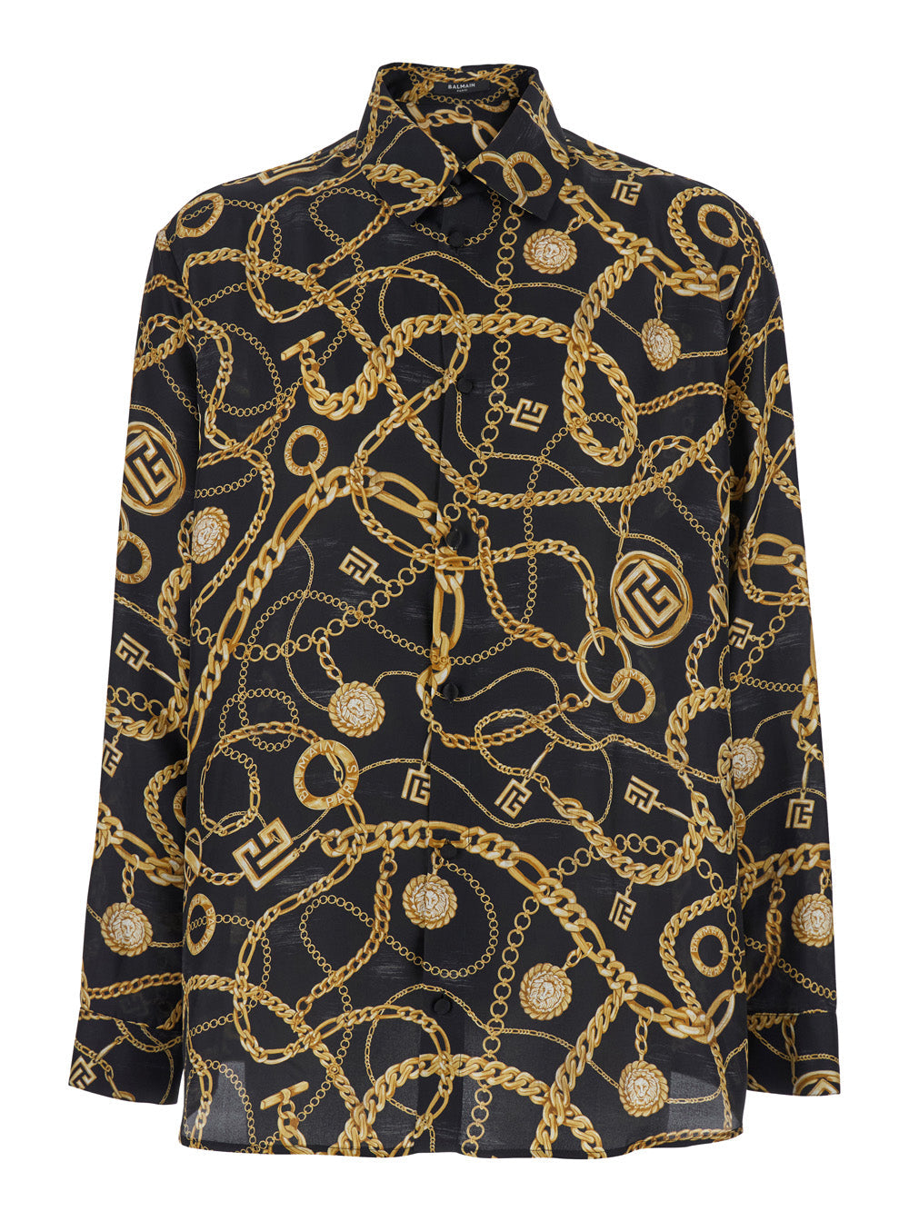 Balmain Men Black Shirt With Pointed Collar And Chain Print With Logo In Silk Man by Luosophy