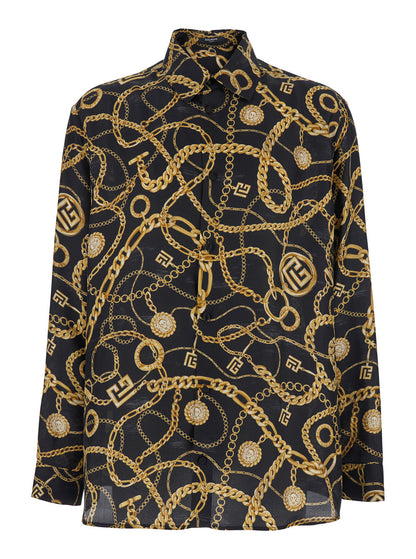 Balmain Men Black Shirt With Pointed Collar And Chain Print With Logo In Silk Man by Luosophy