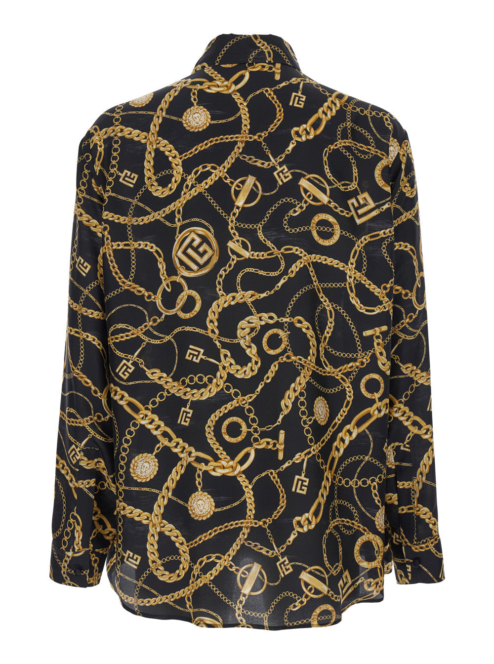 Balmain Men Black Shirt With Pointed Collar And Chain Print With Logo In Silk Man by Luosophy