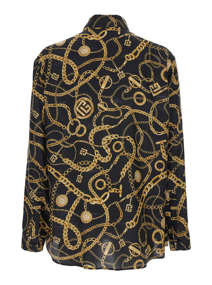 Balmain Men Black Shirt With Pointed Collar And Chain Print With Logo In Silk Man by Luosophy