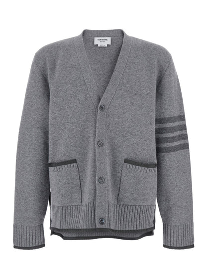 Thom Browne Men Grey Cardigan With V Neck And Striped Detail On The Sleeve In Wool Man by Luosophy