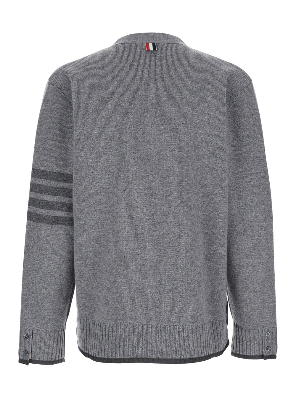 Thom Browne Men Grey Cardigan With V Neck And Striped Detail On The Sleeve In Wool Man by Luosophy