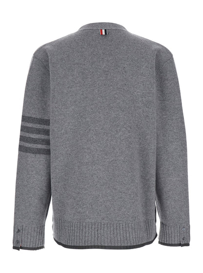 Thom Browne Men Grey Cardigan With V Neck And Striped Detail On The Sleeve In Wool Man by Luosophy