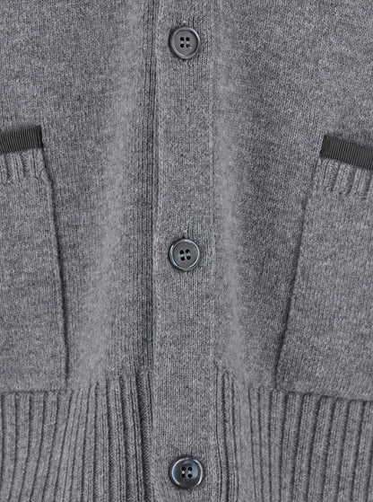Thom Browne Men Grey Cardigan With V Neck And Striped Detail On The Sleeve In Wool Man by Luosophy