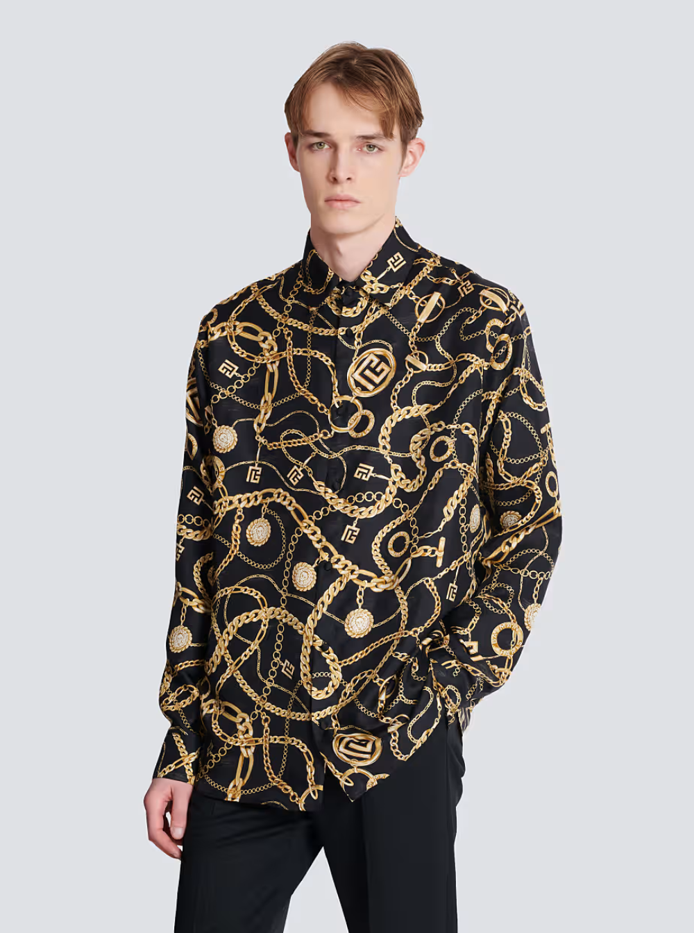 Balmain Men Black Shirt With Pointed Collar And Chain Print With Logo In Silk Man by Luosophy