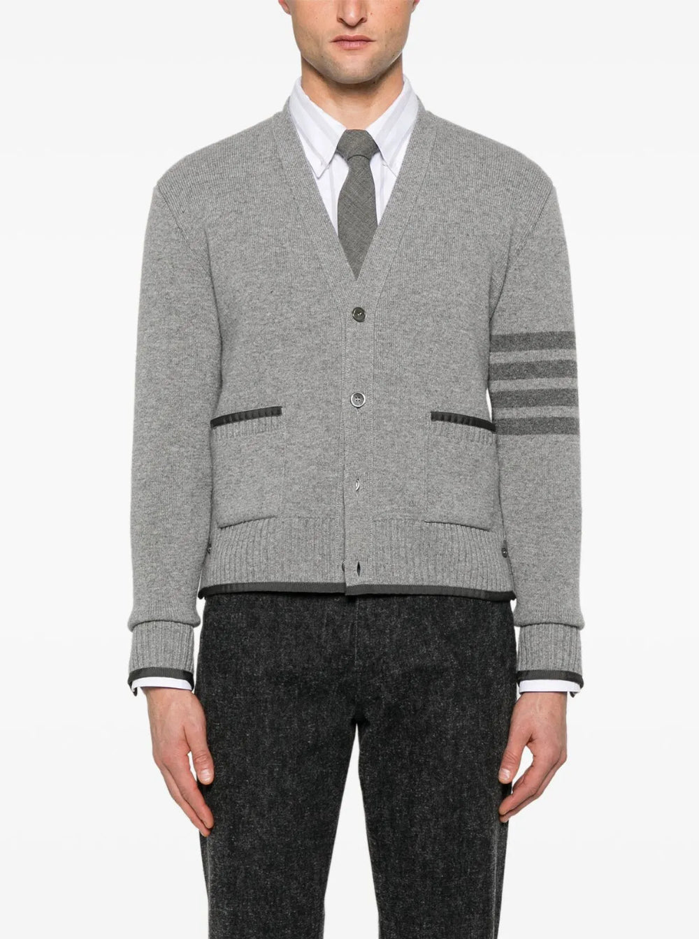 Thom Browne Men Grey Cardigan With V Neck And Striped Detail On The Sleeve In Wool Man by Luosophy