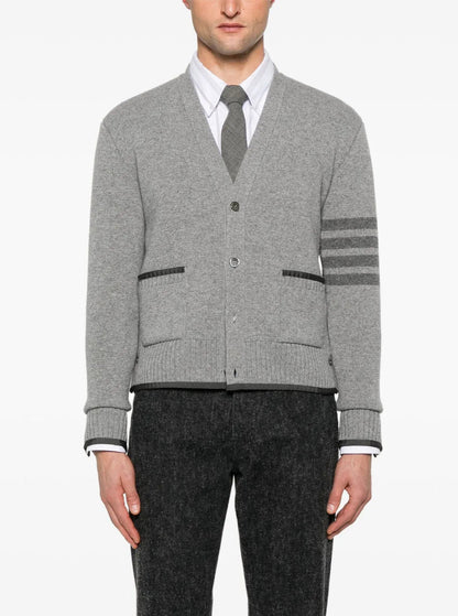 Thom Browne Men Grey Cardigan With V Neck And Striped Detail On The Sleeve In Wool Man by Luosophy