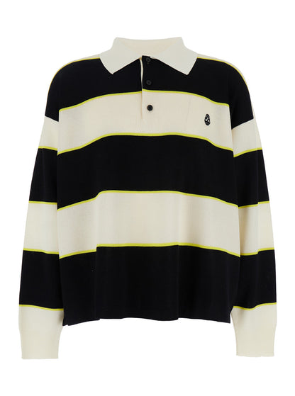 Alexander Mcqueen Men Black And White Long-Sleeve Polo Shirt With Logo Patch On The Front And All-Over Striped Motif In Cotton Blend Man by Luosophy