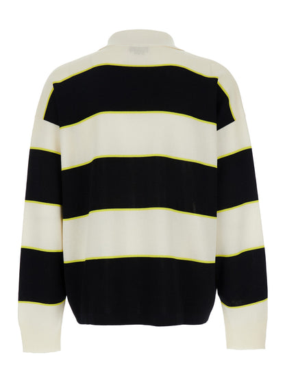 Alexander Mcqueen Men Black And White Long-Sleeve Polo Shirt With Logo Patch On The Front And All-Over Striped Motif In Cotton Blend Man by Luosophy