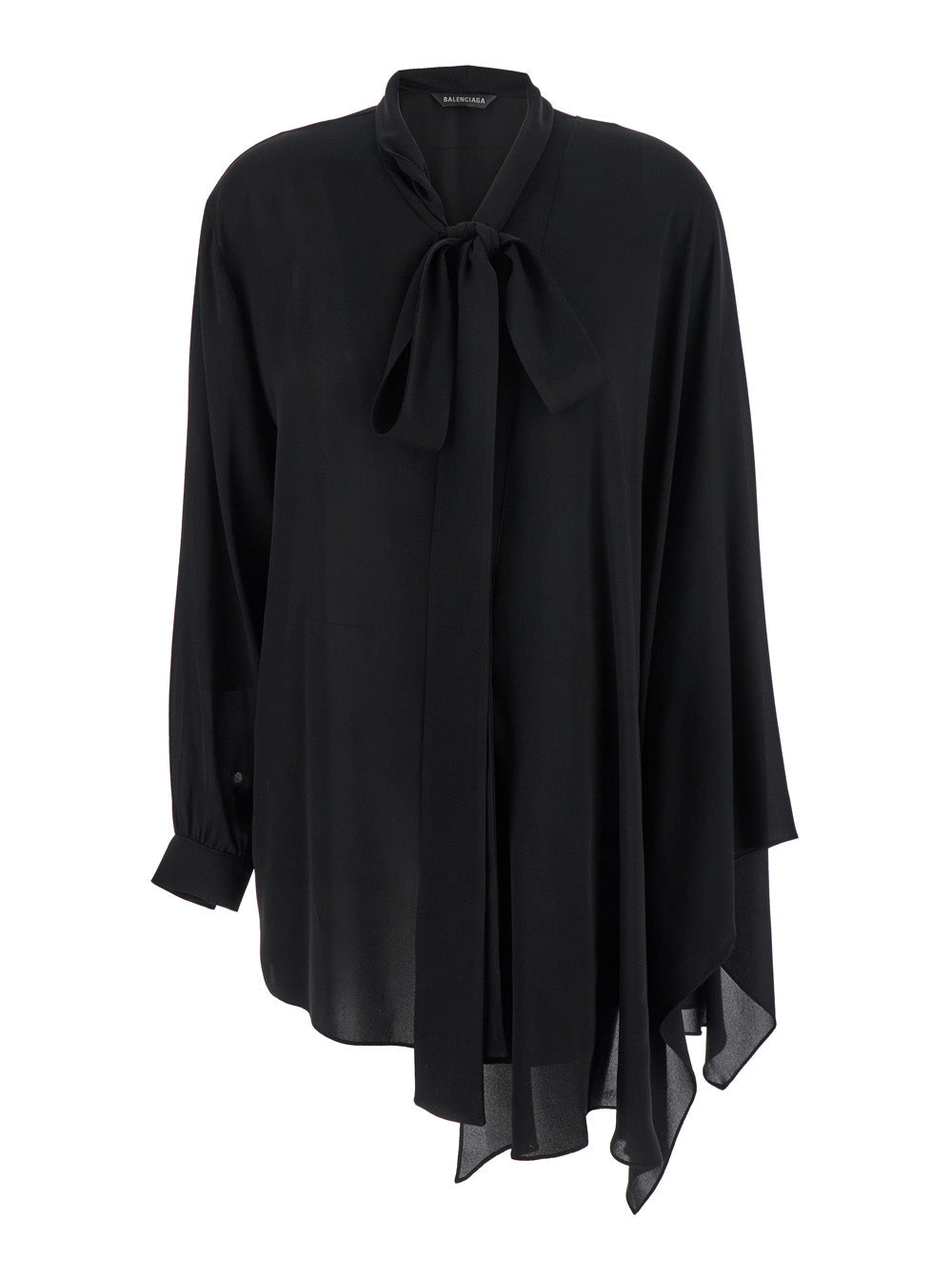 Balenciaga Women Black Blouse With Pussybow Collar And Asymmetric Design In Silk Woman by Luosophy