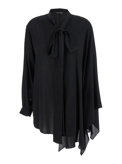 Balenciaga Women Black Blouse With Pussybow Collar And Asymmetric Design In Silk Woman by Luosophy