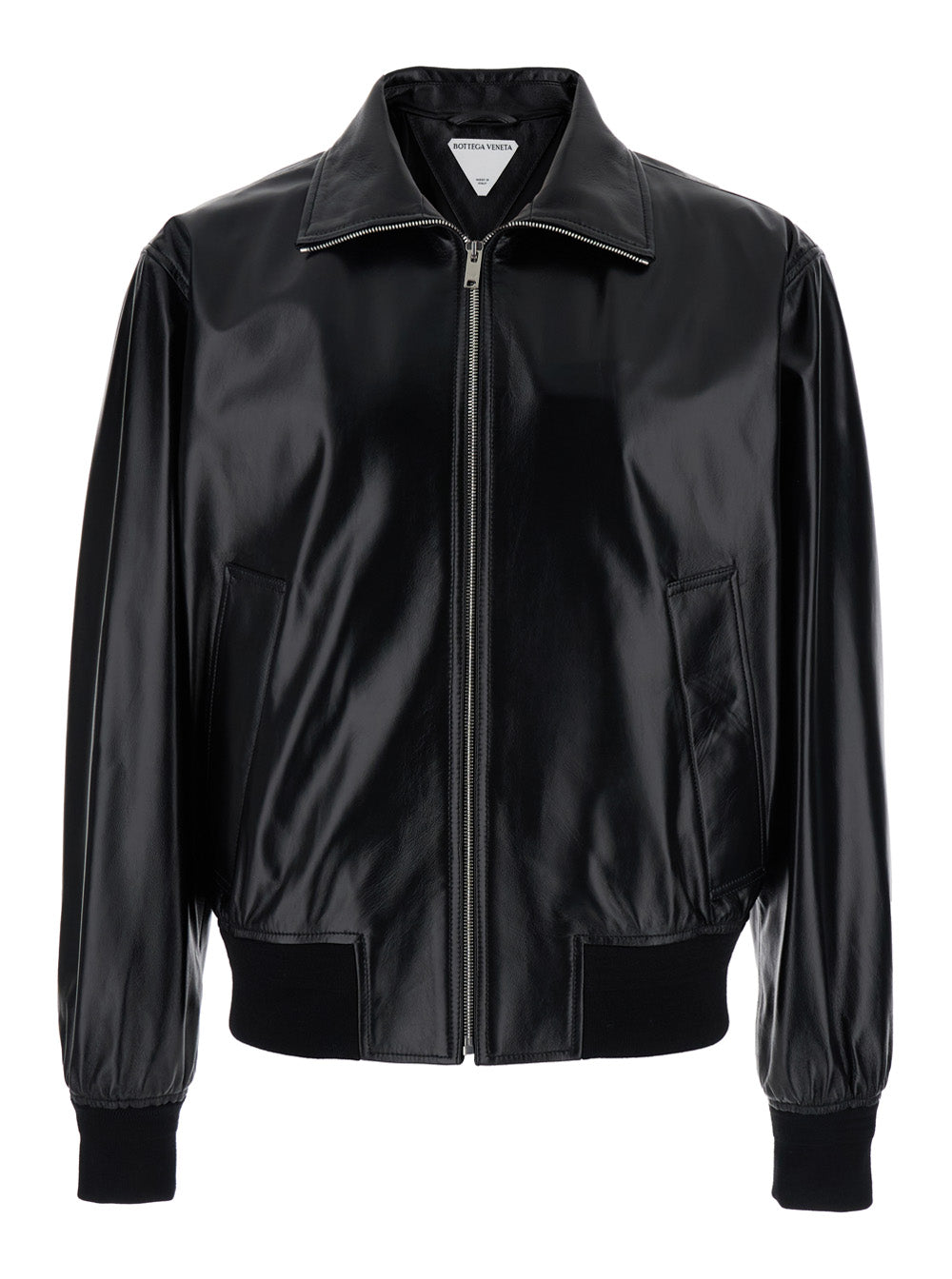 Bottega Veneta Men Black Bomber Jacket With Two Front Welt Pockets In Leather Man by Luosophy