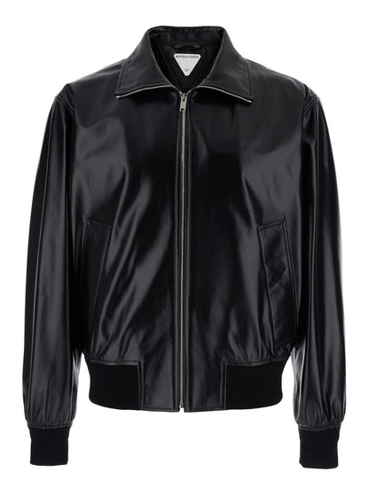 Bottega Veneta Men Black Bomber Jacket With Two Front Welt Pockets In Leather Man by Luosophy