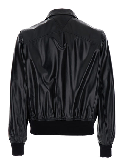 Bottega Veneta Men Black Bomber Jacket With Two Front Welt Pockets In Leather Man by Luosophy
