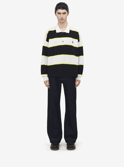 Alexander Mcqueen Men Black And White Long-Sleeve Polo Shirt With Logo Patch On The Front And All-Over Striped Motif In Cotton Blend Man