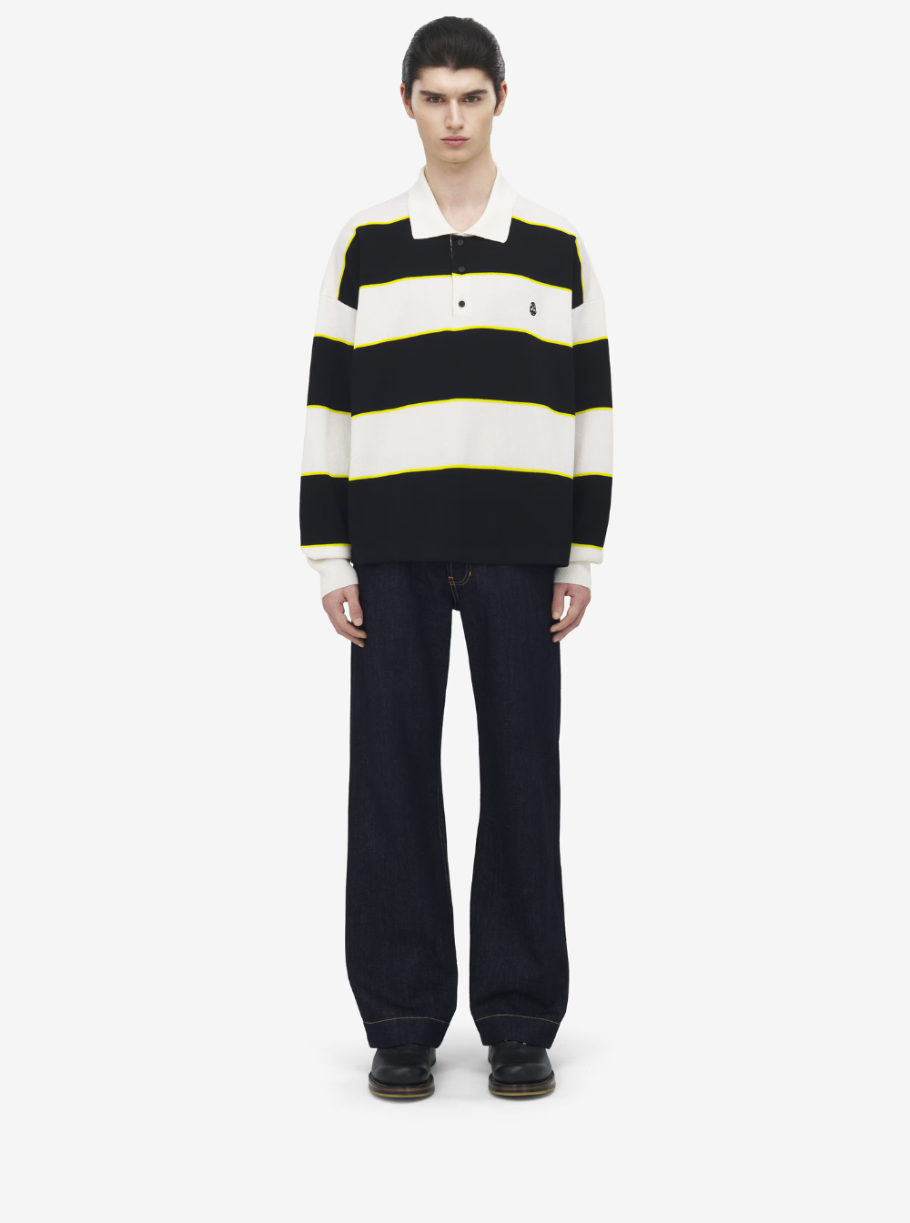 Alexander Mcqueen Men Black And White Long-Sleeve Polo Shirt With Logo Patch On The Front And All-Over Striped Motif In Cotton Blend Man by Luosophy