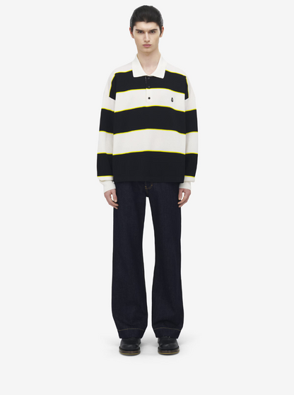 Alexander Mcqueen Men Black And White Long-Sleeve Polo Shirt With Logo Patch On The Front And All-Over Striped Motif In Cotton Blend Man by Luosophy