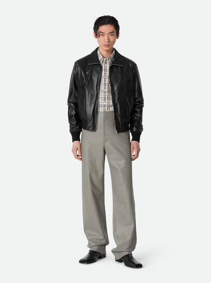Bottega Veneta Men Black Bomber Jacket With Two Front Welt Pockets In Leather Man by Luosophy