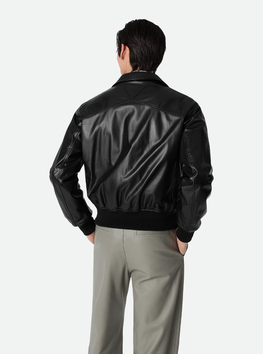 Bottega Veneta Men Black Bomber Jacket With Two Front Welt Pockets In Leather Man by Luosophy