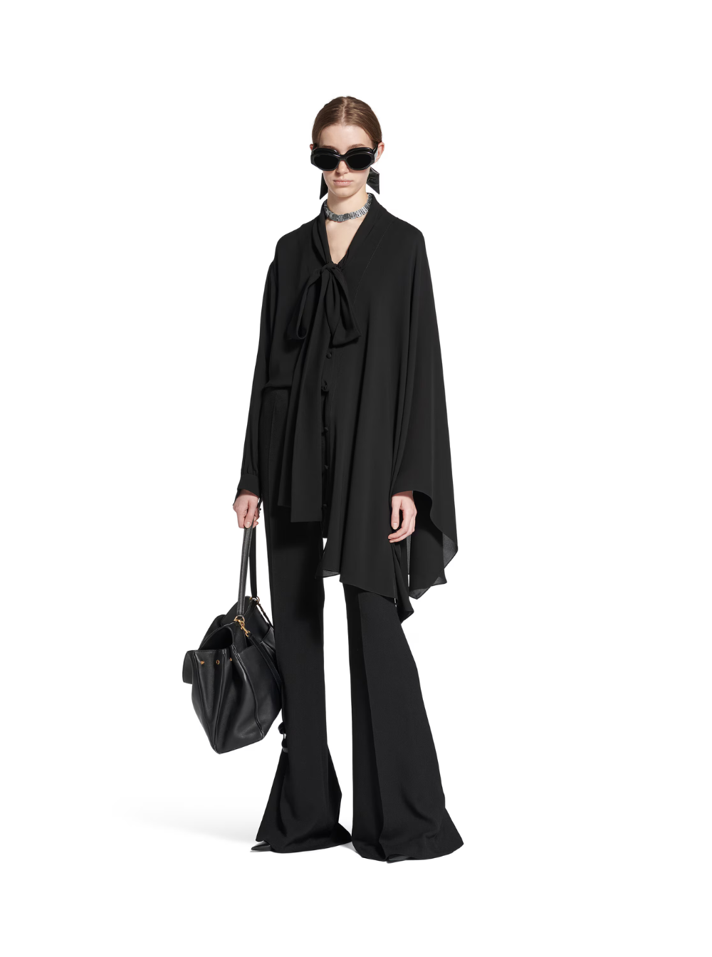 Balenciaga Women Black Blouse With Pussybow Collar And Asymmetric Design In Silk Woman by Luosophy