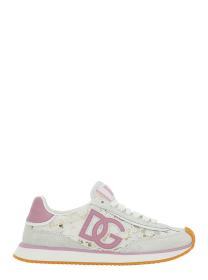 Dolce &amp; Gabbana Women White Low Top With Lace Details And Dg Patch On The Side In Fabric And Suede Blend Woman by Luosophy