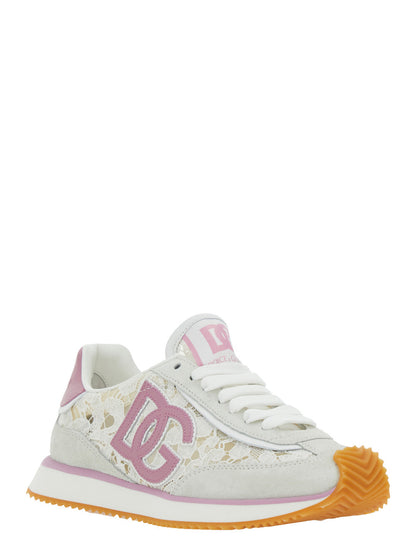 Dolce &amp; Gabbana Women White Low Top With Lace Details And Dg Patch On The Side In Fabric And Suede Blend Woman by Luosophy