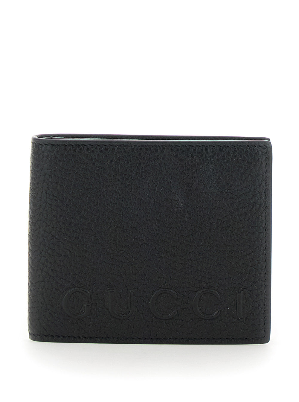 Gucci Men Black Bi-Fold Wallet With Embossed Logo Lettering On The Front In Grained Leather Man by Luosophy