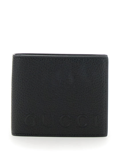 Gucci Men Black Bi-Fold Wallet With Embossed Logo Lettering On The Front In Grained Leather Man by Luosophy