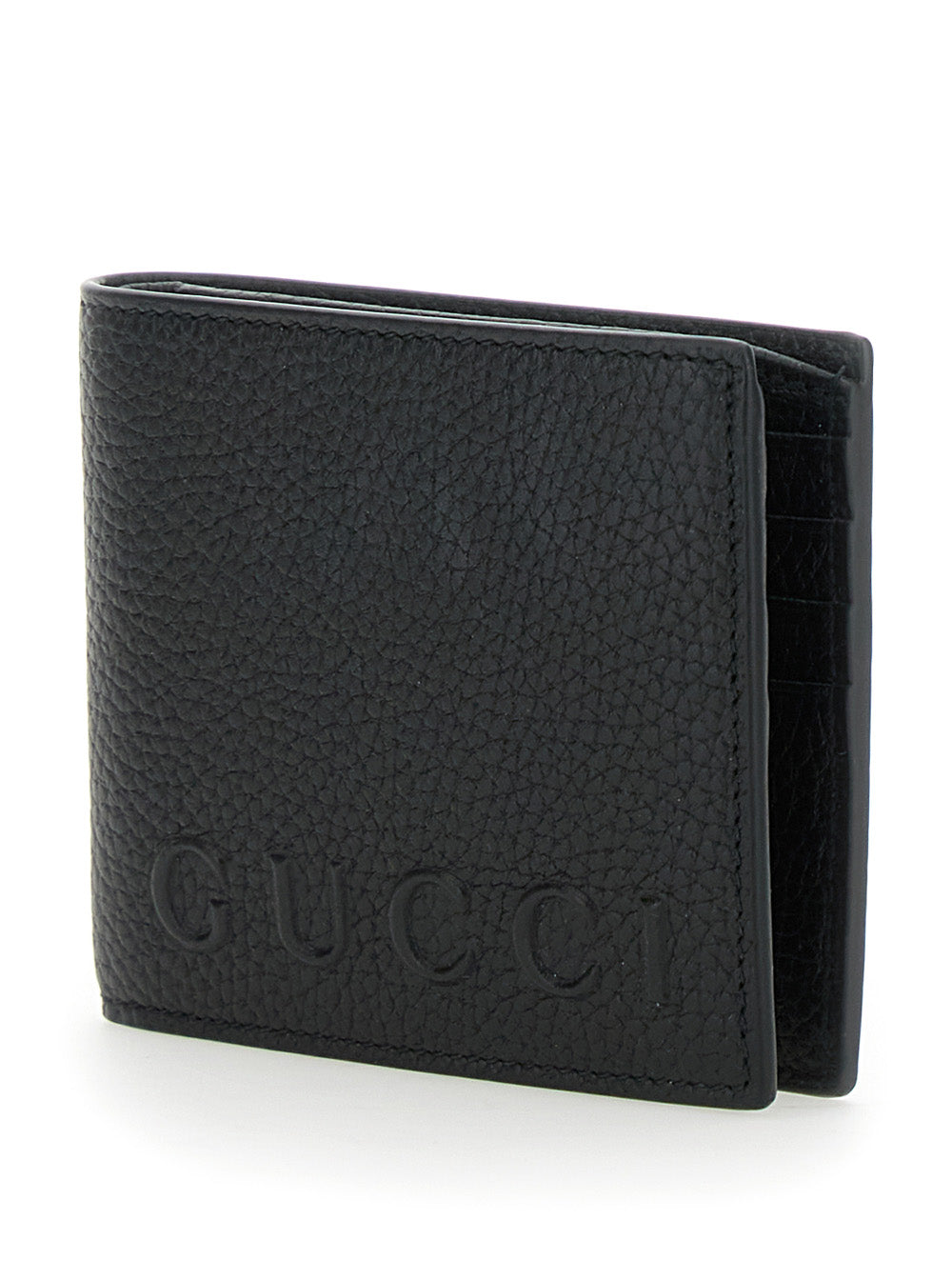 Gucci Men Black Bi-Fold Wallet With Embossed Logo Lettering On The Front In Grained Leather Man by Luosophy
